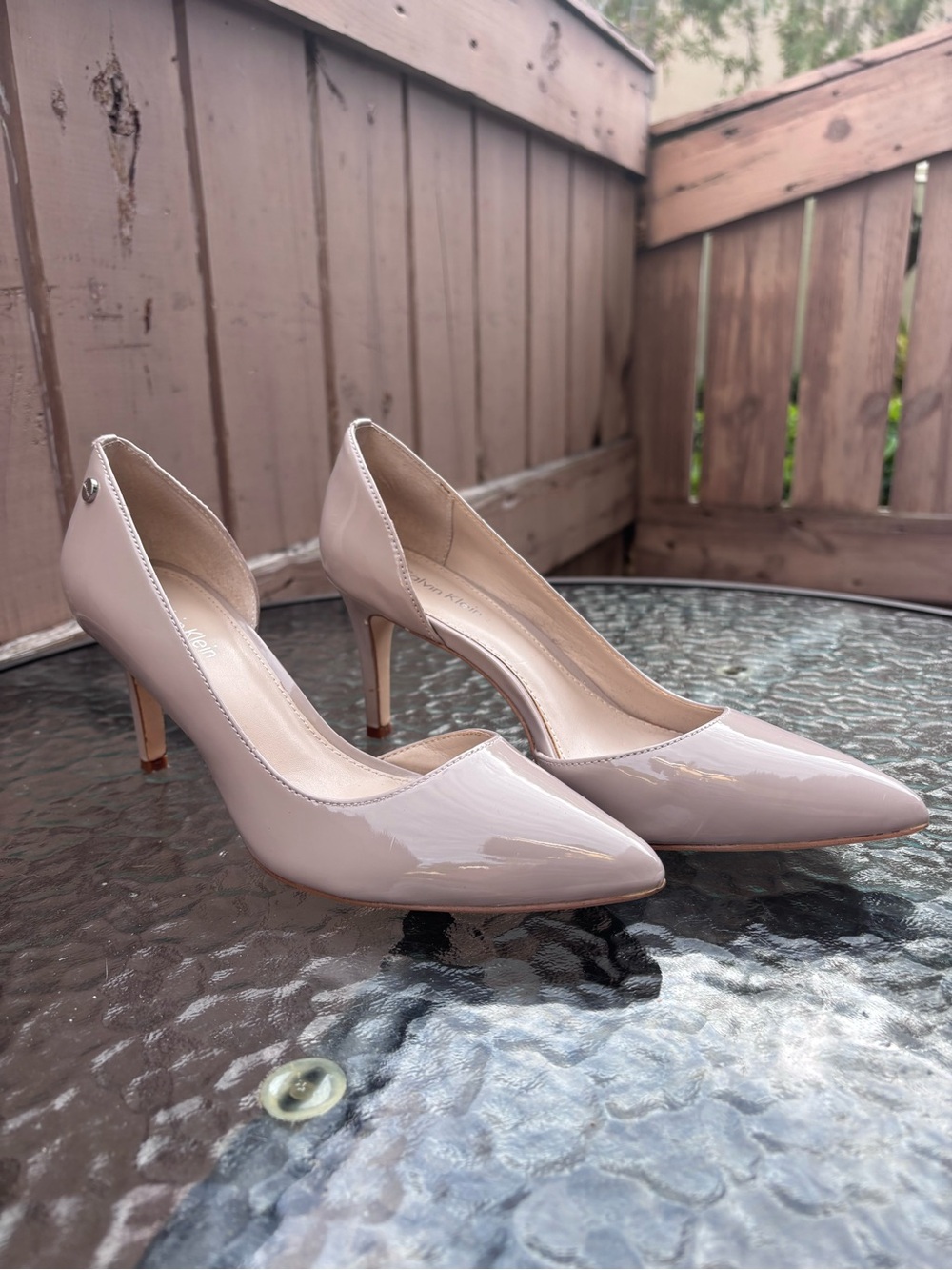 Calvin Klein Glossy Pointed-Toe Pumps in Light Beige - 2” Heel